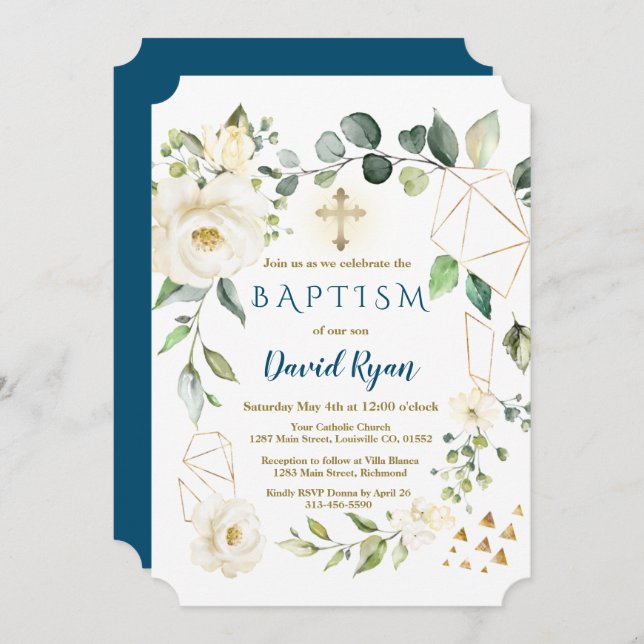 White Floral Gold Geometric Cross Boy Baptism Invitation (Front/Back)