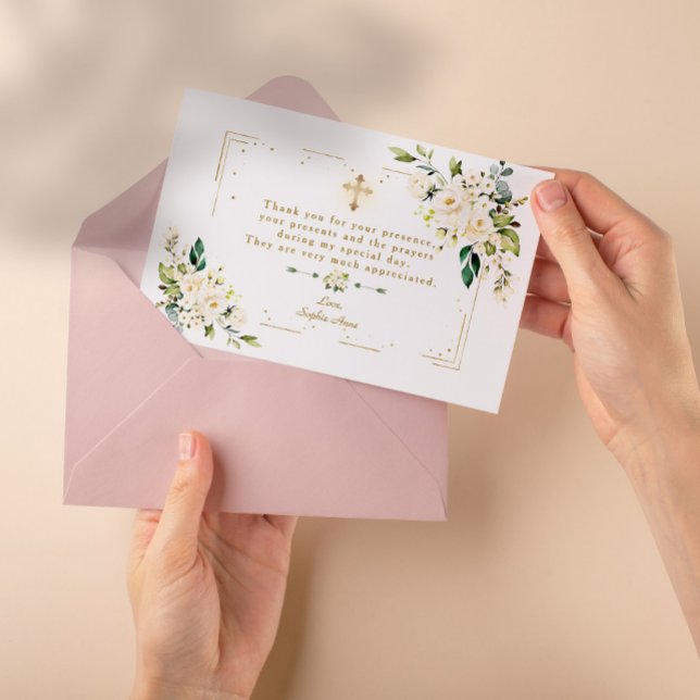 White Floral Gold Glitter Frame Cross Girl Baptism Thank You Card (thank you white floral invitation baptism)