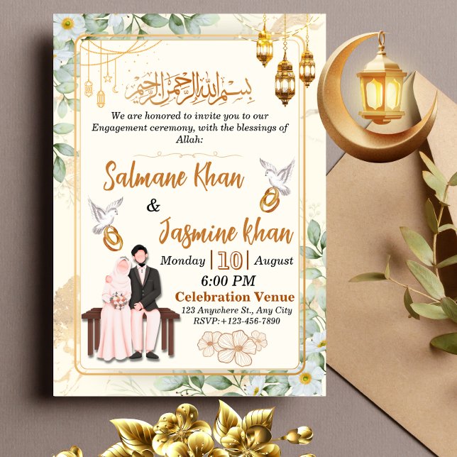 White Floral Gold Islamic Engagement Ceremony Invitation (Creator Uploaded)