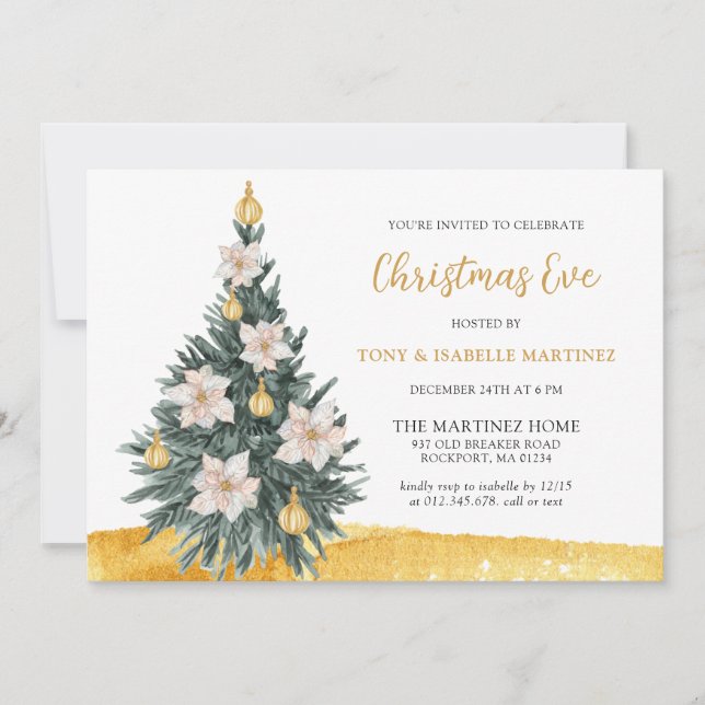 White Floral Gold Ornament Christmas Tree Party In Invitation (Front)