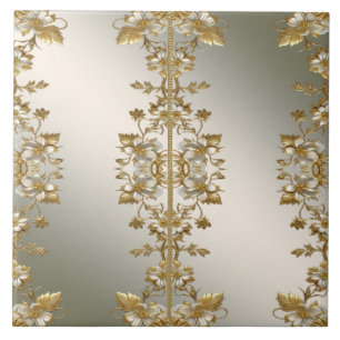 White Floral Gold Ornate Ceramic Tile