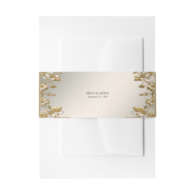 White Floral Gold Ornate Invitation Belly Band (Front Example)