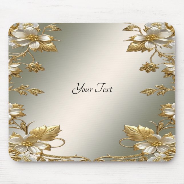 White Floral Gold Ornate Mousepad (Front)