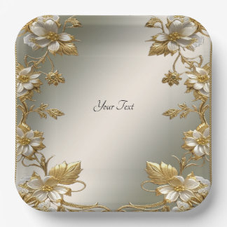 White Floral Gold Ornate Paper Plate