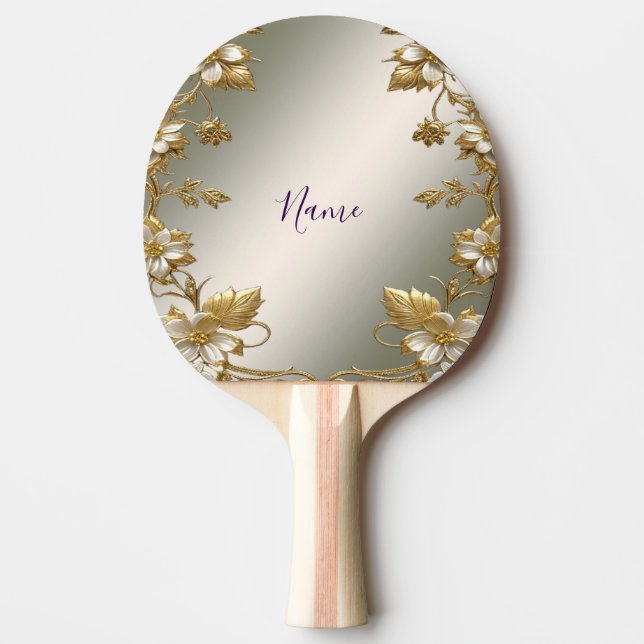 White Floral Gold Ornate Ping Pong Paddle (Front)
