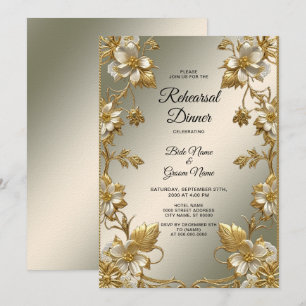 White Floral Gold Ornate Rehearsal Dinner Invitation