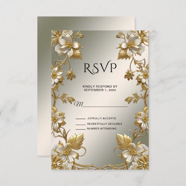 White Floral Gold Ornate RSVP Card (Front/Back)