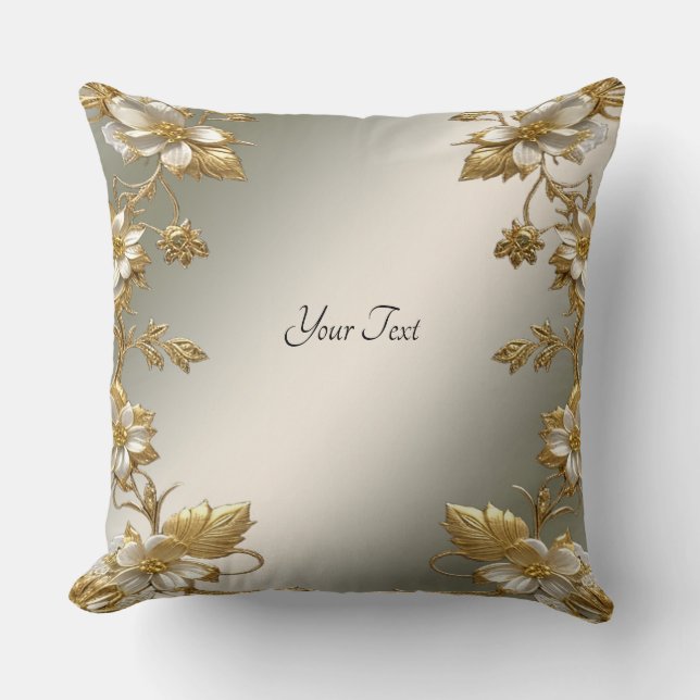 White Floral Gold Ornate Throw Pillow (Front)