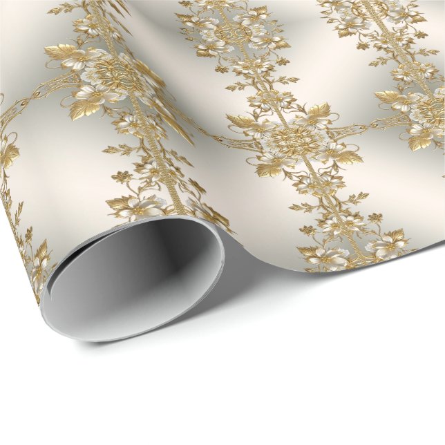 White Floral Gold Ornate Wrapping Paper (Roll Corner)
