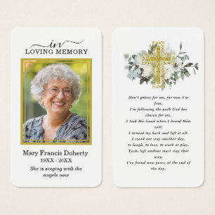 White Floral Gold Photo Funeral Prayer Card