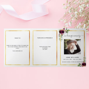 White floral gold photo tri-fold funeral program