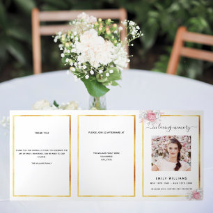 White floral gold photo tri-fold funeral program announcement