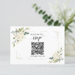 White Floral Gold QR Code Add your URL Wedding RSVP Card