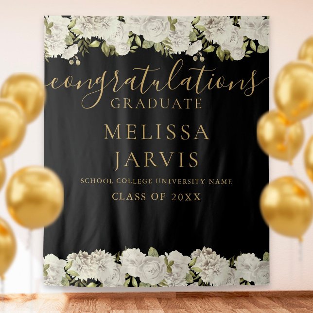 White Floral Gold Script Graduation Photo Backdrop Tapestry (Creator Uploaded)