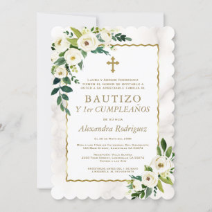 White Floral Gold Spanish 1st Birthday Baptism Invitation