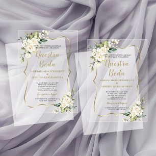 White Floral Gold Spanish Nuestra Boda Calligraphy Acrylic Invitations