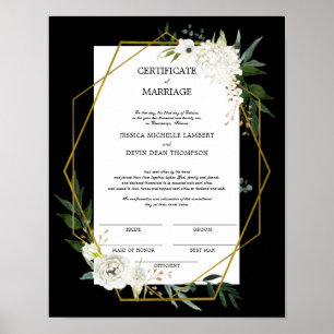 White Floral Gold Wedding Certificate of Marriage  Poster