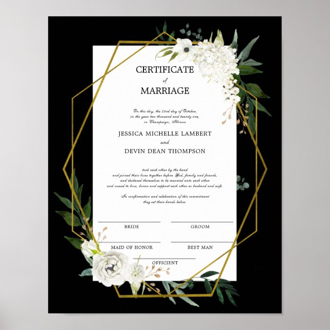 White Floral Gold Wedding Certificate of Marriage  Poster (Front)