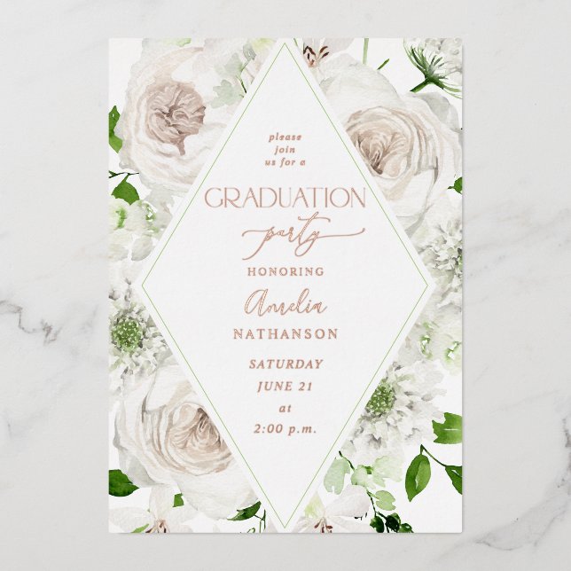White Floral Graduation Party Foil Invitation (Front)