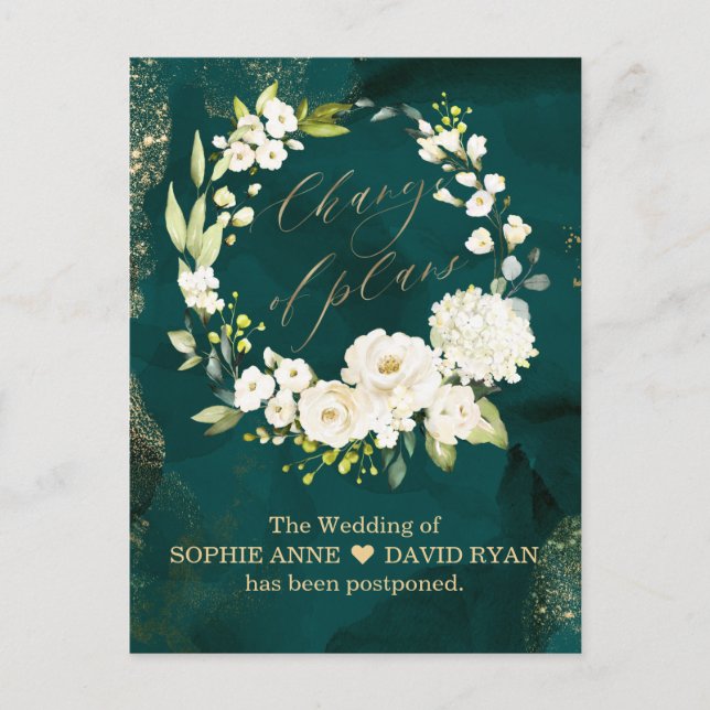 White Floral Green Gold Change Of Plans Wedding Postcard (Front)
