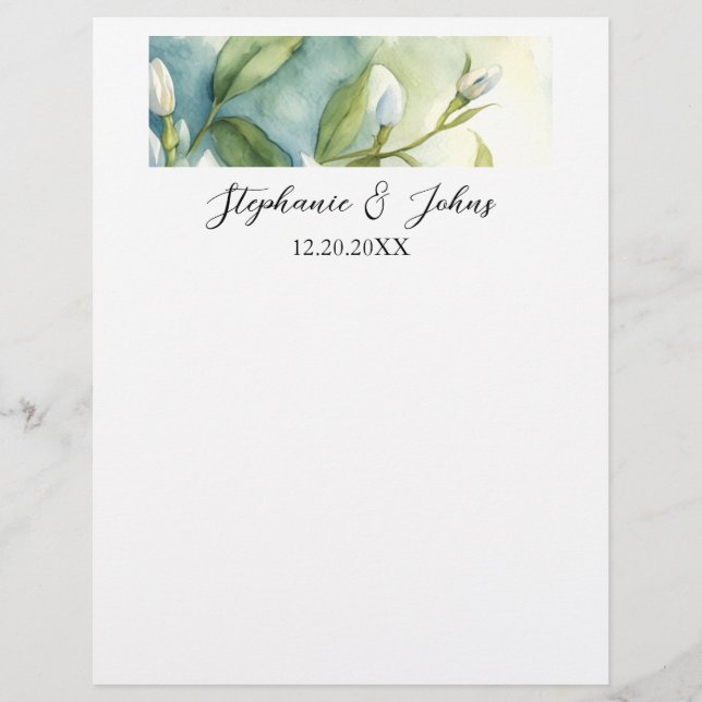 White Floral Green Leaves Elegant Rustic Wedding Custom Letterhead (Front)