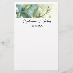 White Floral Green Leaves Elegant Rustic Wedding Stationery