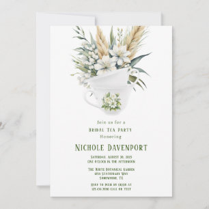 White Floral Green Painted Bridal Tea Party Invitation