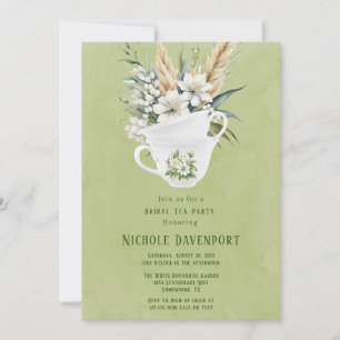 White Floral Green Painted Bridal Tea Party Invitation