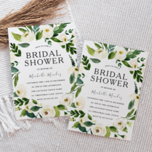 White Floral Green Wreath Modern Bridal Shower Invitation