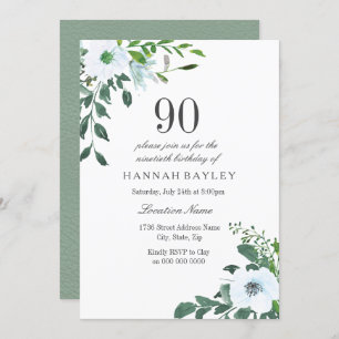 White Floral Greenery 90th Birthday Invitation