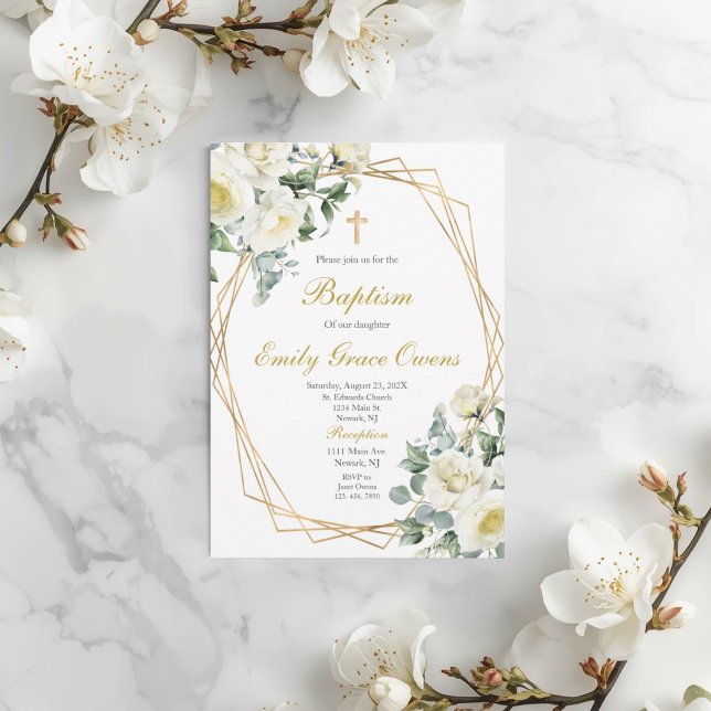 White floral greenery baptism invitation (Creator Uploaded)