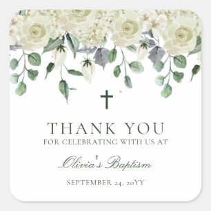 White Floral Greenery Baptism Thank You Favour Square Sticker