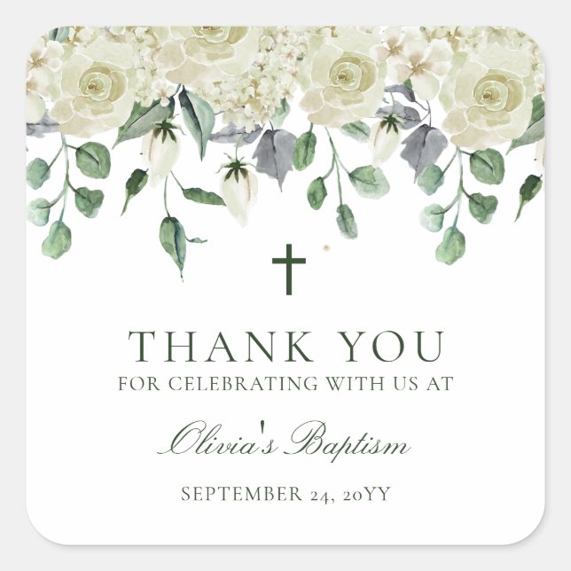 White Floral Greenery Baptism Thank You Favour Square Sticker (Front)