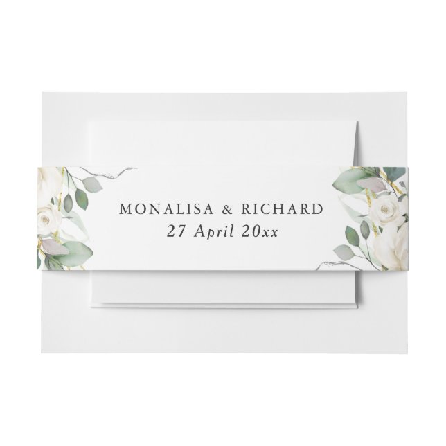 White floral greenery belly band invitation belly band (Front Example)