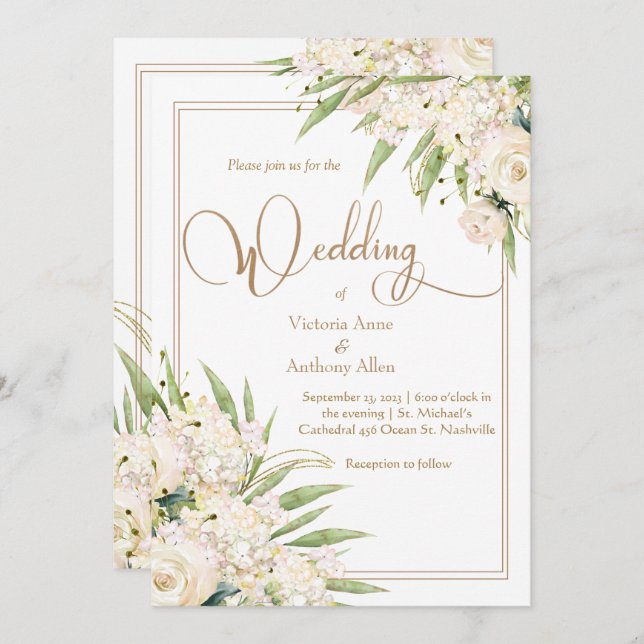 White  Floral Greenery Botanical Elegant Wedding  Invitation (Front/Back)