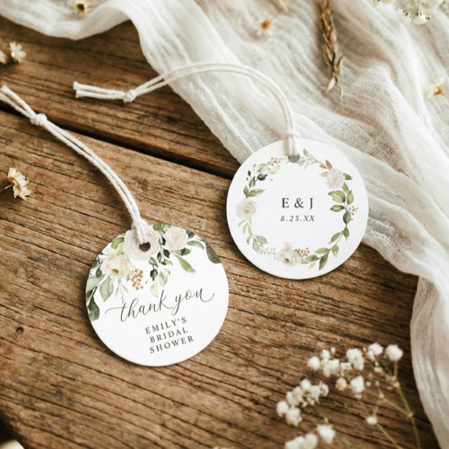 White Floral Greenery Bridal Shower Round Favour Tags (Bridal shower favor tags - white floral greenery thank you tags for bridal showers)