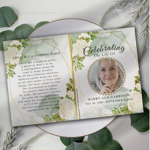 White Floral Greenery Celebration of Life Program