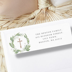 White Floral Greenery Cross Religious Address Return Address Label