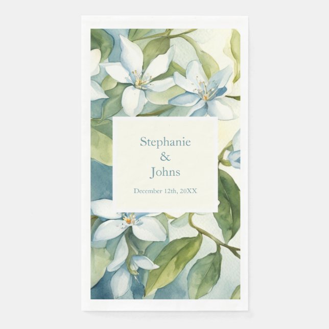  White Floral Greenery Dusty Blue Art Wedding 2024 Napkin (Front)