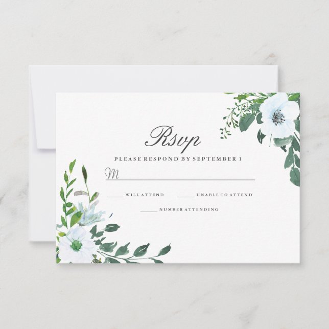White Floral Greenery Elegant Wedding RSVP Card (Front)
