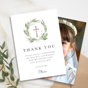White Floral Greenery First Communion Photo Thank You Card