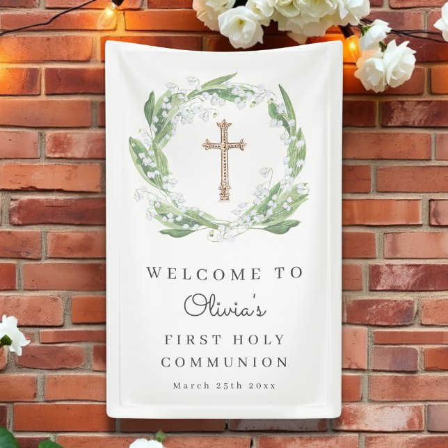 White Floral Greenery First Communion Welcome Banner (Creator Uploaded)