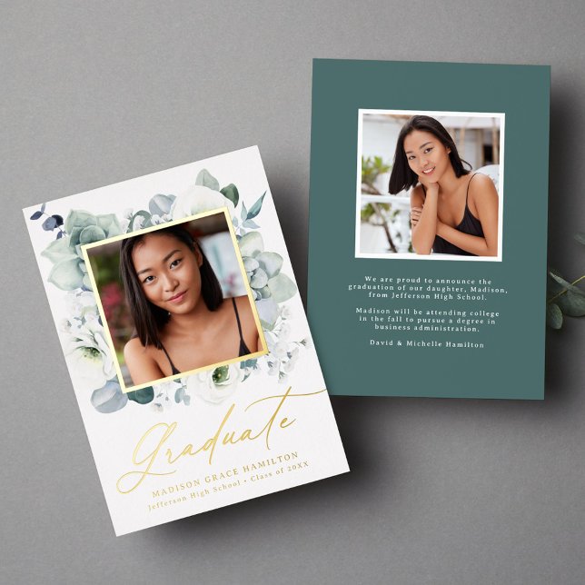 White Floral Greenery Foil Graduation Announcement (Creator Uploaded)