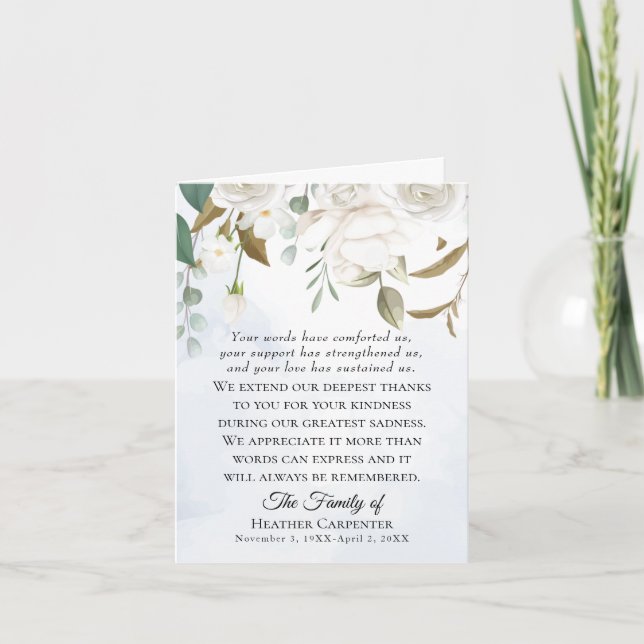 White Floral Greenery Folded Funeral Thank You Card (Front)