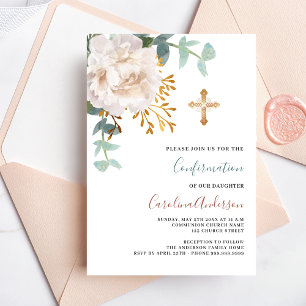 White floral greenery gold cross confirmation invitation