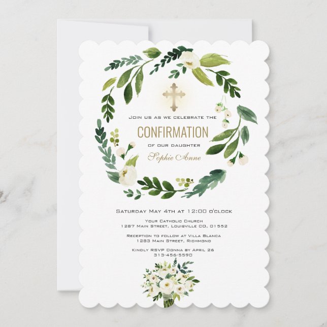 White Floral Greenery Gold Cross Confirmation Invitation (Front)