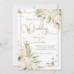 White  Floral Greenery Gold Elegant Wedding Invitation