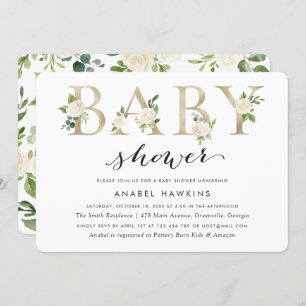 White Floral Greenery Gold Foil Baby Shower Invitation