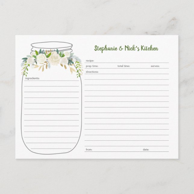 White Floral Greenery Mason Jar Recipe Cards (Front)