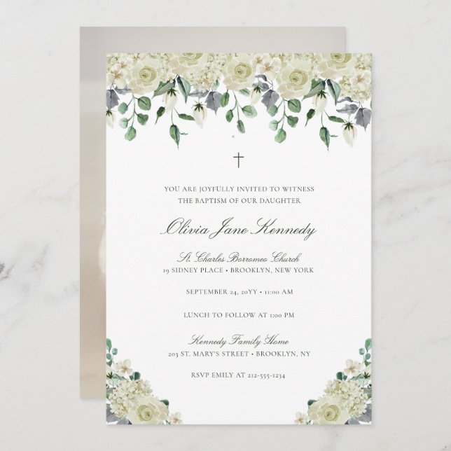 White Floral & Greenery Photo Baptism Invitation (Front/Back)